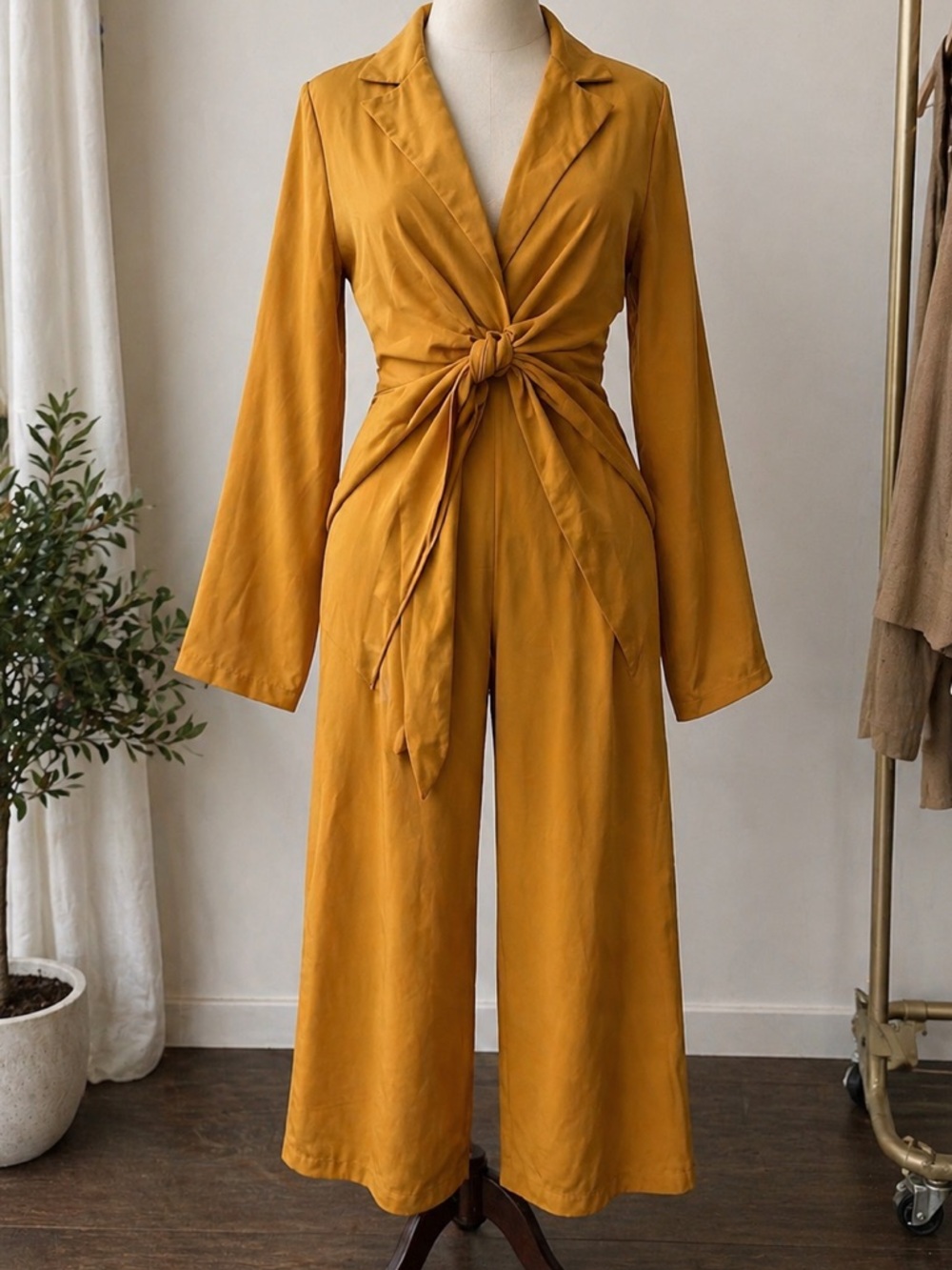 Tie-Waist Wide-Leg Jumpsuit in Mustard